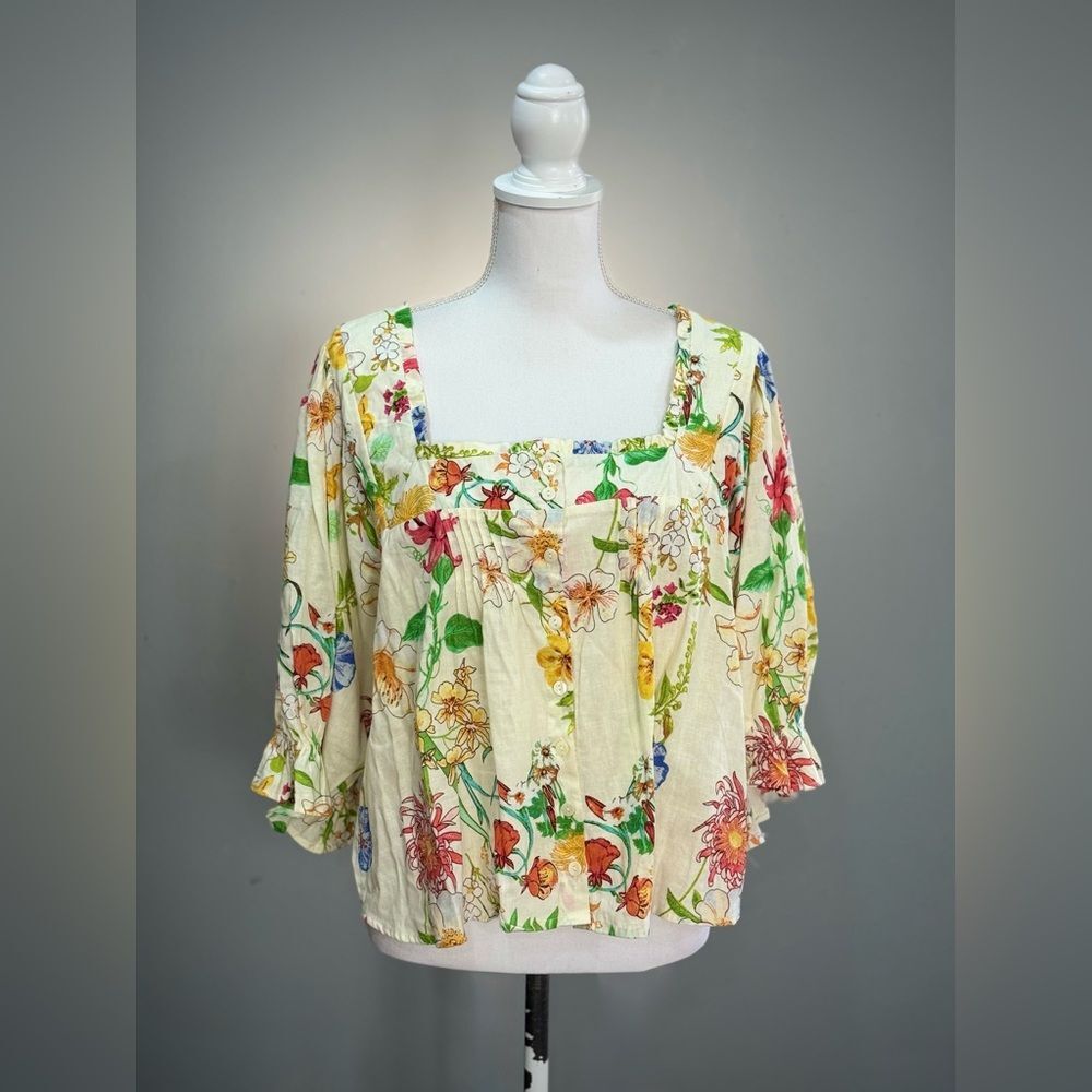 Floral Laura Ashley Linen Blend Button Up Blouse Size M EUC